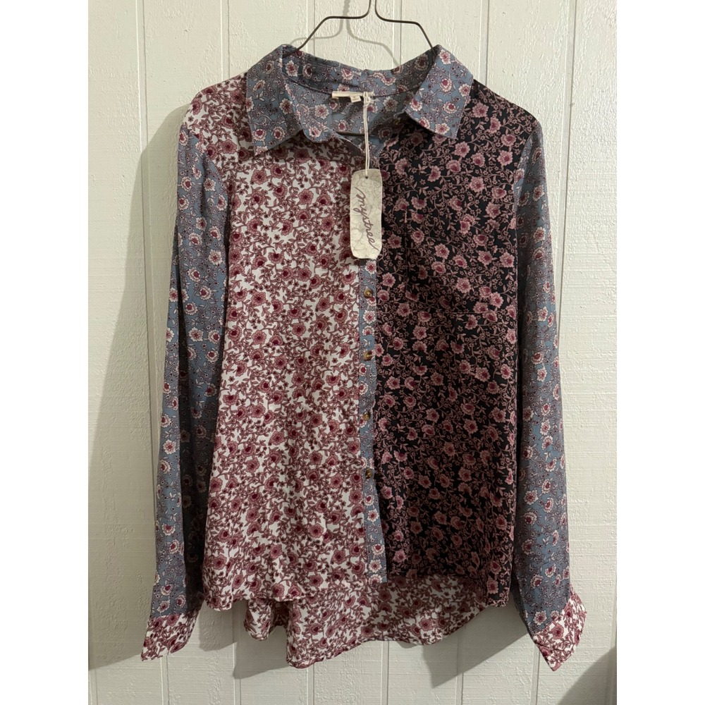 Mystree Women Mixed Floral Patchwork Button Down Blouse Mauve Blue Small 18945
